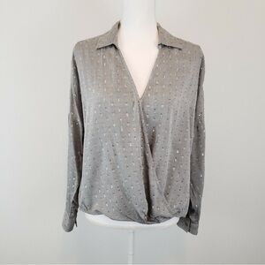 Lou & Grey for LOFT Grey faux wrap top with metallic dot print